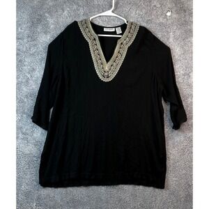 CATHY DANIELS 3X Womens Black Top/Tunic with Embroidery Beaded 3/4 Sleeve